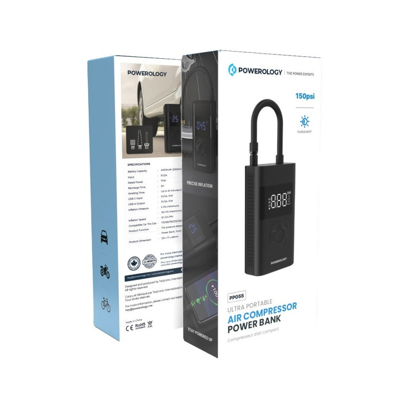 پمپ باد و پاوربانک قابل حمل پاورولوژی Powerology Ultra Portable Air Compressor Powerbank PPBCHA55