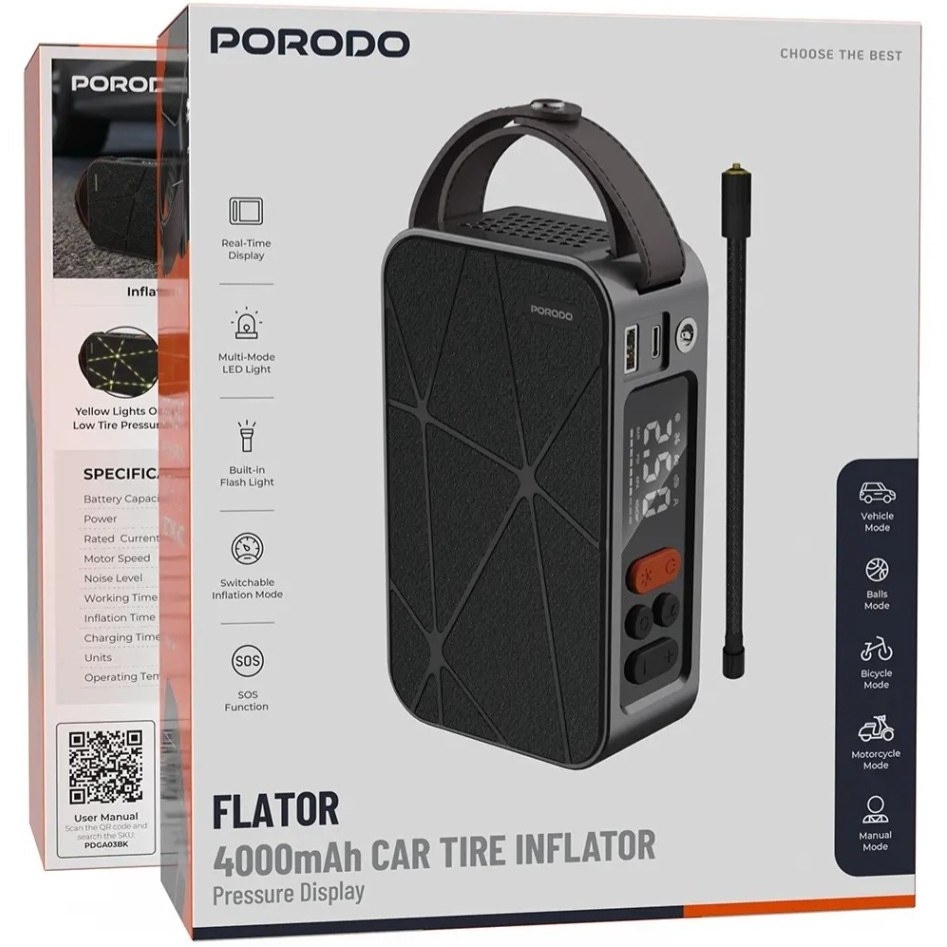 پمپ باد شارژی پرودو مدل FLATOR ظرفیت ۴۰۰۰ میلی آمپر با نمایشگر فشار