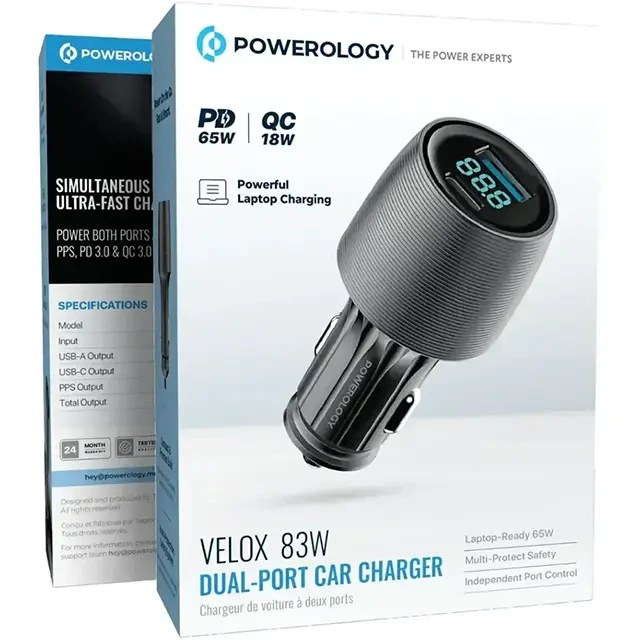 شارژر فندکی پاورولوژی مدل PCCSR020C ظرفیت ۸۳ وات دو پورت