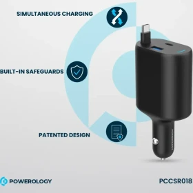 شارژر فندکی 70 وات با کابل متصل تایپ سی پاورولوژی Powerology Type-C Retractable Car Charger 70W