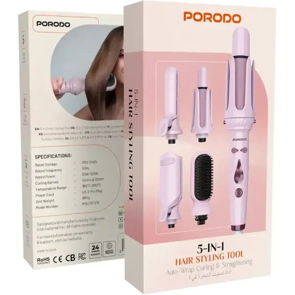ست حالت‌دهنده مو ۵ کاره پرودو مدل PDLFST218PK با قابلیت فر خودکار و صاف‌کننده