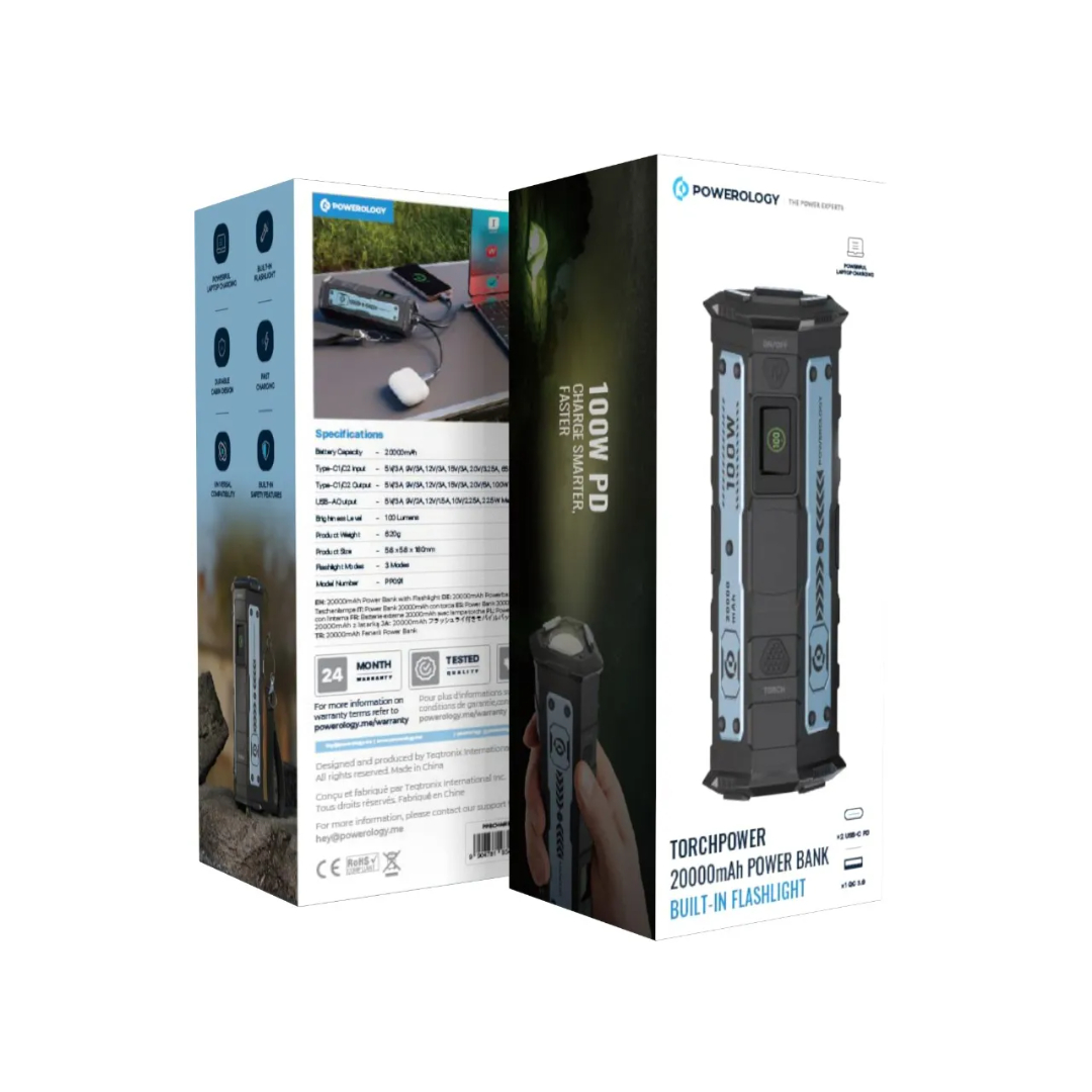پاوربانک پاورولوژی مدل TorchPower PPBCHA91BK ظرفیت 20000 میلی آمپر ساعت