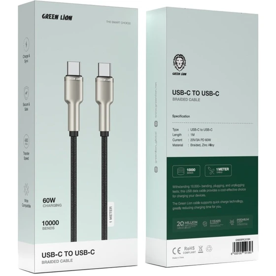کابل تبدیل USB-C به USB-C گرین لاین Green Lion USB - C to USB - C Braided Cable 60W